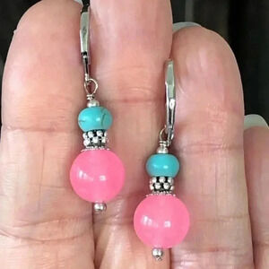 Gorgeous Pink and Blue Leverback Sterling Silver Drop Earrings NWT